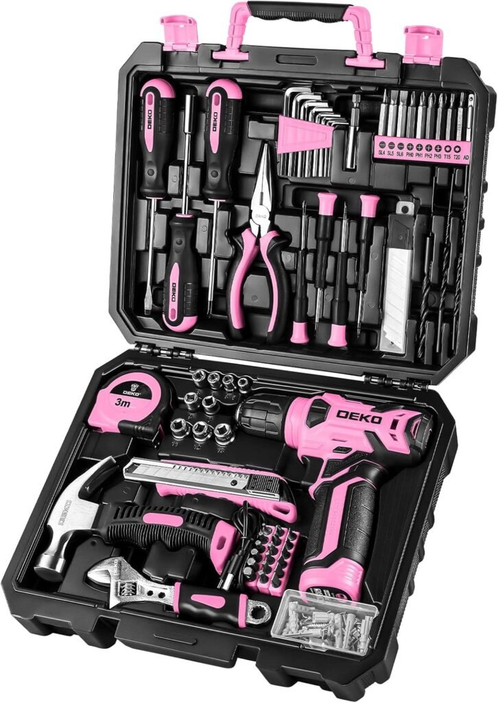 DEKOPRO Drill Set, Home Tool Set with 8V Pink Cordless Drill