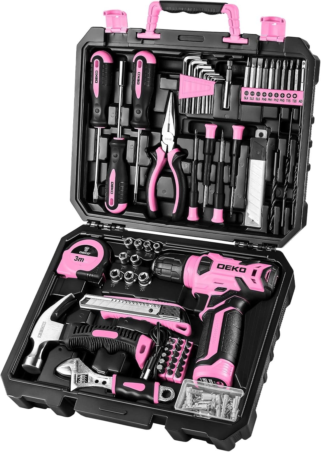 DEKOPRO Drill Set, Home Tool Set with 8V Pink Cordless Drill